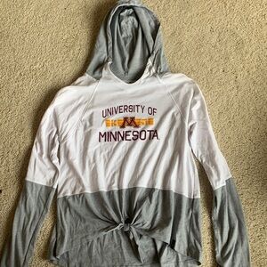 White and gray lightweight hoodie University of Minnesota with knot at bottom